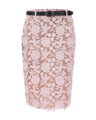 Self Portrait Midi Floral Lace Skirt with Elegant Slit and Waist Belt