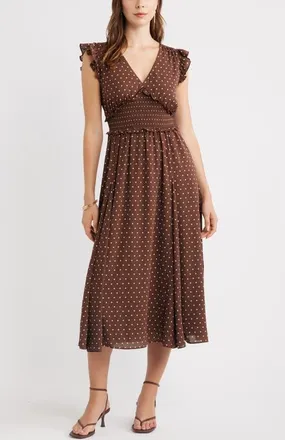 Chelsea28 Smocked Chiffon Midi Dress in Brown- Ivory Kate Dot at Nordstrom, Size Xx-Small