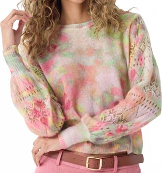 Autumn Cashmere Pastel Flower Print Pointelle Crew Sweater In Pink Combo