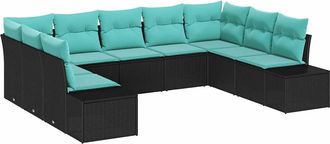 vidaXL Set Divano Da Giardino 9 Pz 8-numero Di Posti Nero E Turchese Vidaxl