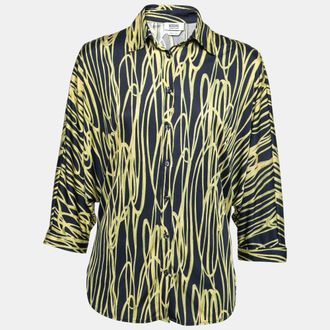 Moschino Cheap And Chic Navy Blue And Yellow Printed Jersey Dolman Sleeve Shirt