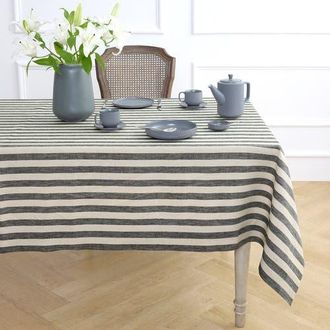 Solino Home Linen Tablecloth for Dining Table, Holiday and Everyday Dining Table Decor - Sorrento Stripe in Black And Natural at Nordstrom, Size
