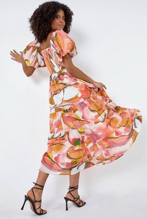DUSK Abstract Tiered Puff Sleeve Midi Dress