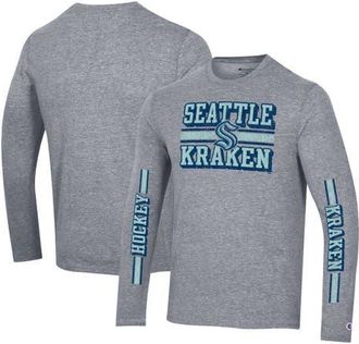 Champion Mens Champion Heather Gray Seattle Kraken Tri-Blend Dual-Stripe Long Sleeve T-Shirt at Nordstrom, Size Medium