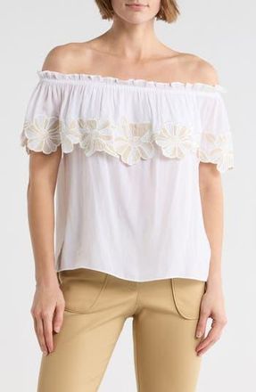 Ramy Brook Terri Embroidered Floral Ruffle Off the Shoulder Top in Ivory at Nordstrom Rack, Size X-Small