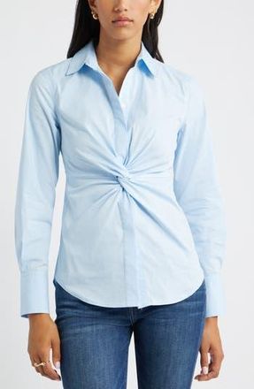 Open Edit Twist Front Stretch Cotton Blend Button-Up Shirt in Blue Liza Pinstripe at Nordstrom Rack, Size X-Small