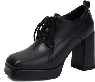 Generic Women Square Toe Lace Up Platform Pumps Chunky Block Heel Back Pull Tab Soft Upper Non Slip Sole Durable Comfortable Office Casual Shoes,Black,3.5 UK