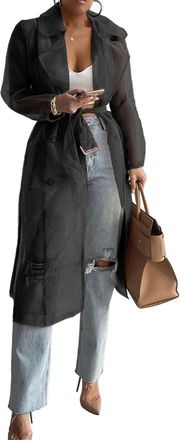 Generic Womens Elegant Chic See-through Organza Lapel Coat Classic Fashion Trend Thin Spring and Fall Double-breasted Casual Long Lace-up Cardigan (Black,S)