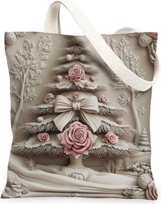 Generic Christmas Floral Canvas Tote Bags, Rose Tree Design Reusable Grocery Bags, Vintage Lightweight Washable Shoulder Strap Canv, Beige, 13x15 Inch