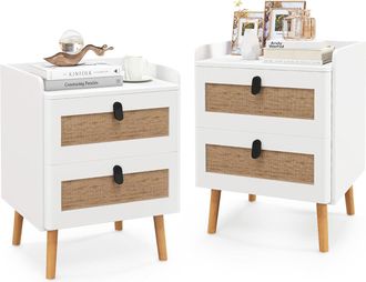Costway Costway - Set De 2 Mesitas De Noche, Mesillas De Noche Dormitorio Con 2 Cajones De Rat&aacute;n, Mesita De Noche Con Acabado Blanco Y Patas De Madera, Mesill