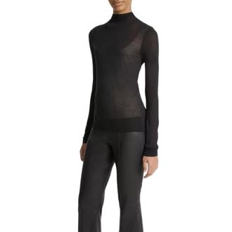 Vince Tops, Dames, Zwart, L, Sheer Long-Sleeve Mock-Neck Top