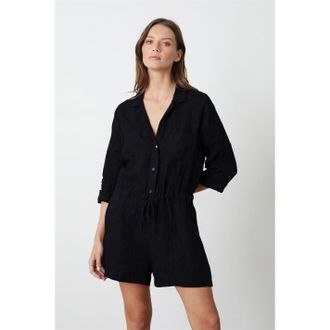 Velvet Womens by and Collared Neck Three Quarter Sleeve Solid Patterned Playsuit in Black - Size 8 UK