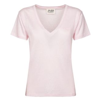 MC2 Saint Barth Eloise V-neck Linen T-shirt - female - MC2 Saint Barth - T-Shirts - Pink - L - Tops