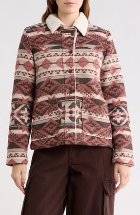 Wrangler Faux Shearling Woven Western Jacket in Burgundy Multi at Nordstrom Rack, Size X-Large