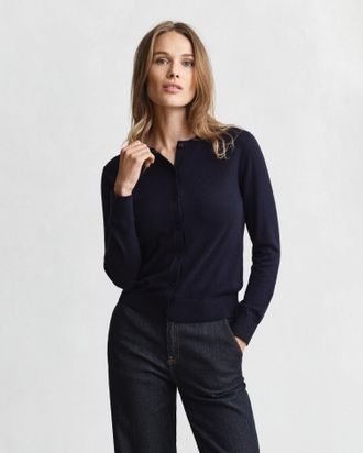 GANT Women Lightweight Knit Crew Neck Cardigan (XXL) EVENING BLUE