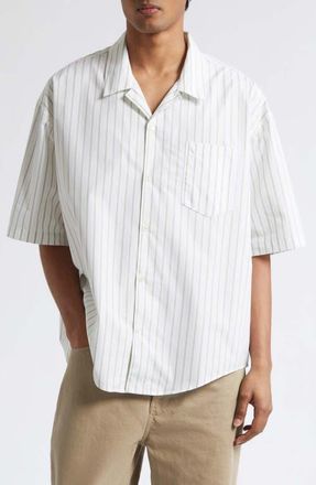 Ami Ami de Coeur Stripe Boxy Camp Shirt in Blanc/Matcha at Nordstrom, Size 42