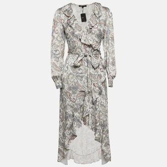 Maje Grey/multicolor Paisley Print Crepe Midi Wrap Argent Dress