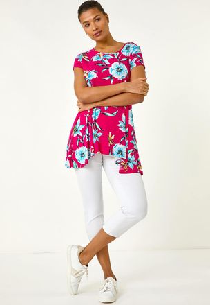 Roman Floral Print Hanky Hem Stretch Tunic Top