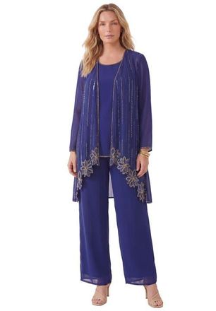 Roaman's Plus-Size Long Sleeve Floral Beaded Georgette Three-Piece Pant Set in Ultra Blue at Nordstrom, Size 16
