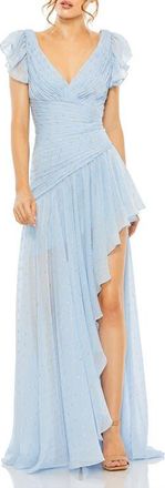 Mac Duggal Printed Short Flutter Sleeve Asymmetrical Ruched Hem Gown in Ice Blue at Nordstrom, Size 12