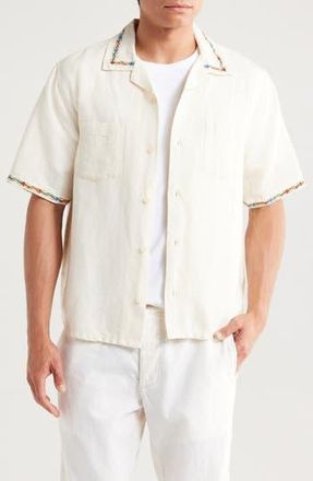 Corridor Rose Chain Embroidered Linen & Cotton Camp Shirt in Natural at Nordstrom Rack, Size Medium
