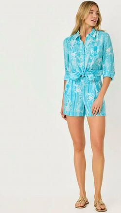 Lilly Pulitzer 4 Captina Linen Short In Capri Blue Rose