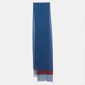 Ferragamo Blue Striped Printed Cotton Fringed Scarf