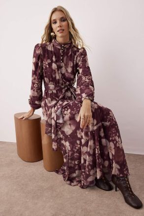 Trendyol Modest Dames Paars Geometrisch patroon Maxi Lang Casual Skater Modest Jurken