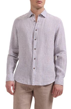 Bugatchi Karl Shaped Fit Gingham Check Linen Button-Up Shirt in Navy at Nordstrom, Size Xx-Large