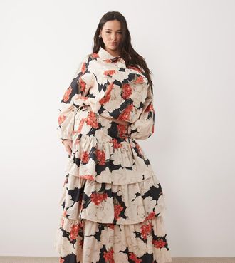 Asos Curve ASOS DESIGN Curve - Gonna lunga a balze con vita scesa a fiori rossi in coordinato-Multi