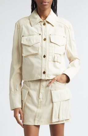 Balmain Faded Denim Jacket in Ivory/Blue Multi at Nordstrom, Size 12 Us