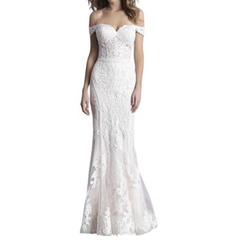 Allure Bridals Off-Shoulder Sheath Lace Wedding Dress In Ivory/champagne