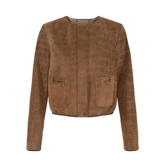 Elisabetta Franchi Leather Jackets, female, Brown, Size: L Alligator-Print Suede Jacket