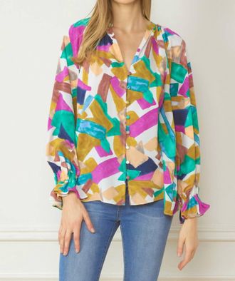 Entro Abstract Button Down Blouse In Orchid Mix