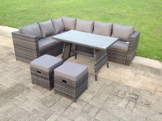 Fimous Dark Mixed Grey Rattan Garden Outdoor Corner Sofa Set Rectangular Dining Table Small Footstools 8 Seater in Dark Grey