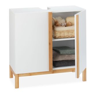Relaxdays Relaxdays - Armario Bajo Lavabo, Dos Compartimentos, Mdf Y Bamb&uacute;, Blanco Y Marr&oacute;n, 60,5x60x30,5 Cm