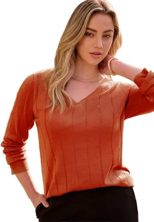 Roaman's Plus Size Drop Needle V Neck Lightweight Sweater Knit in Copper Red at Nordstrom, Size Large