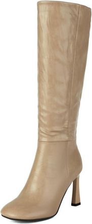 Generic Womens Sexy High Heeled Knight Boots Square Toe Knee High Boots PU Leather Long Boots with Side Zipper,Apricot,3.5 UK