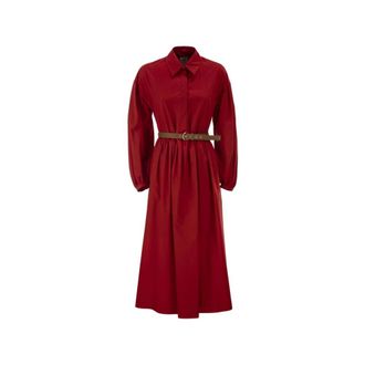 Max Mara Ballonmouwen Geplooide Katoenen Midi Jurk - Dames - Casual kleedjes - Rood - XS - Katoen - Kleedjes