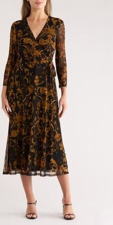 Connected Long Sleeve Wrap Style Mesh Dress in Mustard at Nordstrom Rack, Size 10