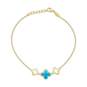 Italian Gold, Inc 14K Yellow Gold Alternating Clover & Open Clover Bracelet 3 Stations - Turquoise