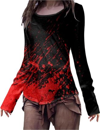 Generic Bite Me Vampire Teeth Bloody Halloween T-Shirt Women Ghost Shirt Woman Blood Splatter Witch Leopard Graphic Tees Long Sleeve Pumpkin Face Tee Funny Fa