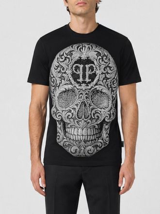 Philipp Plein T-shirt in cotone nero con stampa Skull e applicazione di strass