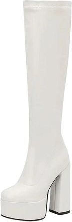 Generic Women Knee High Stretch Boots Winter Warm Thick Heel Slim Fit Side Zipper Casual Boot