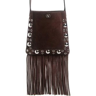 Valentino Garavani Small Nellc&ocirc;te Fringe Stud Suede Crossbody Bag in Brown at Nordstrom