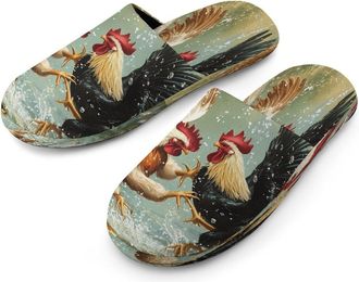 Generic Two Roosters Fighting Mens Cotton Slippers Memory Foam Comfort House Shoes Winter Indoor Slipper for Hotel Casa Spa