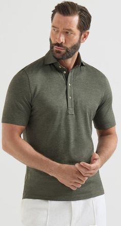 Brunello Cucinelli Virgin wool, silk and cotton piqu&eacute; polo shirt with spread collar in Military at Nordstrom, Size Xxx-Large