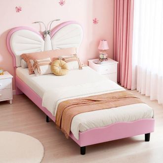 OEM Cama Infantil 90x190 Cm Con Somier De Lamas Y L&aacute;mpara De Lectura, Cama Para Ni&ntilde;a, Cama Individual 90x190 Cm, Cabecero En Forma De Mariposa