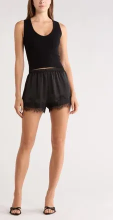 Leith Lace Trim Satin Shorts in Black at Nordstrom Rack, Size X-Large