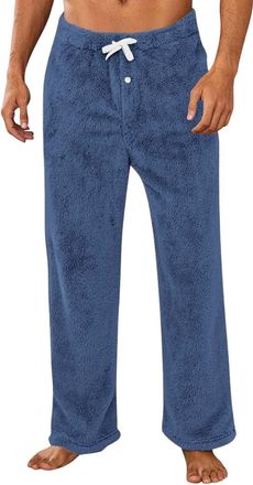 Generic Mens Fleece Trousers Winter Thermal Lounge Pants Elasticated Waist Fluffy Pyjama Bottoms Plain Colour Teddy Fleece Sleeping Bottoms Straight Leg Draws